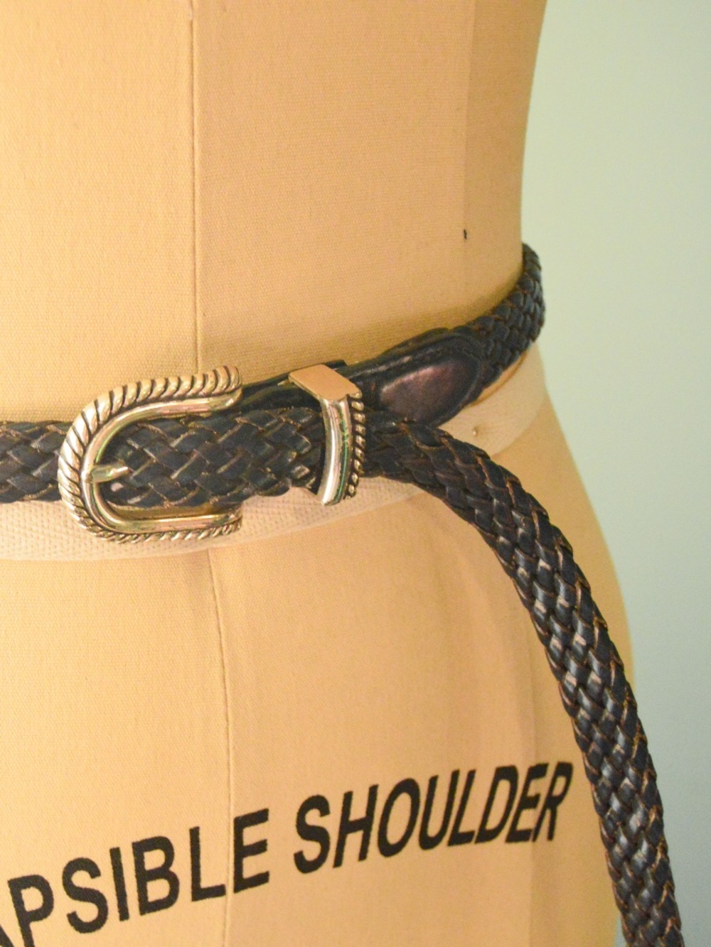 Vintage Dark Blue Braided Leather Belt w Stamped Metal Design